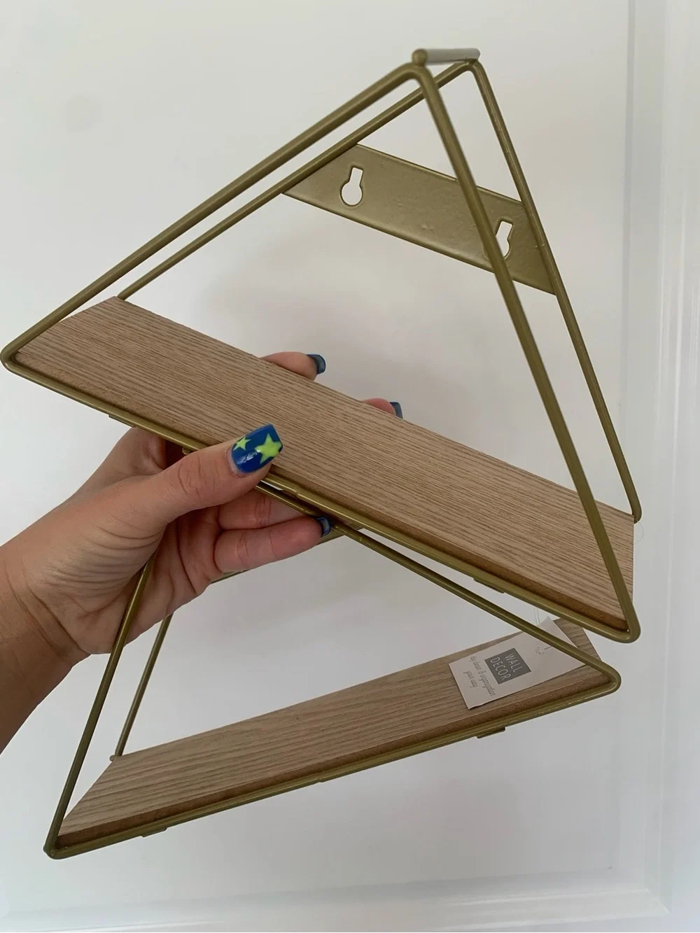 Set of 2 Small Geometric Triangle Wall Shelves - Gold Frame with Wood Planks New